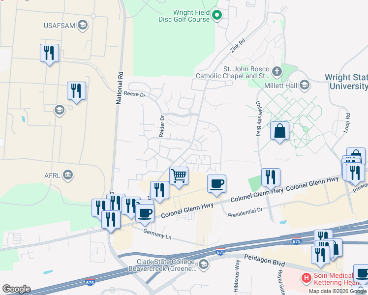 map of restaurants, bars, coffee shops, grocery stores, and more near 1451 Holly Bush Drive in Fairborn