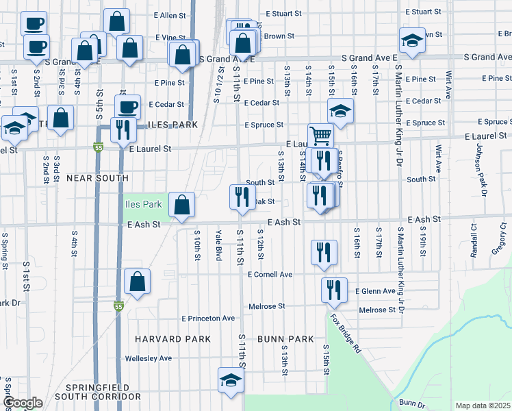 map of restaurants, bars, coffee shops, grocery stores, and more near 1124 East Oak Street in Springfield