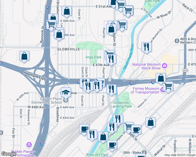map of restaurants, bars, coffee shops, grocery stores, and more near 517 East 46th Avenue in Denver
