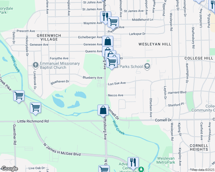 map of restaurants, bars, coffee shops, grocery stores, and more near 2080 North Gettysburg Avenue in Dayton