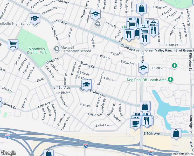 map of restaurants, bars, coffee shops, grocery stores, and more near 4735 Eugene Way in Denver