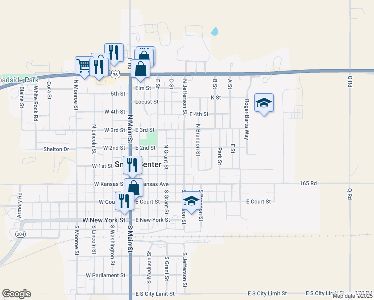 map of restaurants, bars, coffee shops, grocery stores, and more near 250 North Jefferson Street in Smith Center