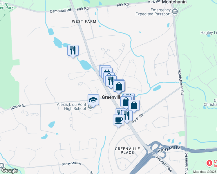 map of restaurants, bars, coffee shops, grocery stores, and more near 4015 Kennett Pike in Wilmington