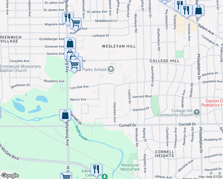 map of restaurants, bars, coffee shops, grocery stores, and more near 3625 Lori Sue Avenue in Dayton
