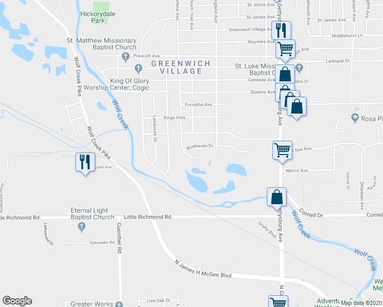 map of restaurants, bars, coffee shops, grocery stores, and more near 4711 Woodlake Drive in Dayton
