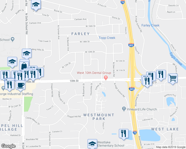 map of restaurants, bars, coffee shops, grocery stores, and more near 6545 West 11th Street in Indianapolis
