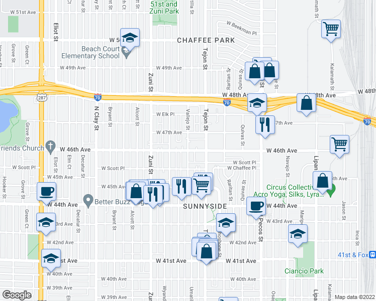 map of restaurants, bars, coffee shops, grocery stores, and more near West 46th Avenue & Vallejo Street in Denver