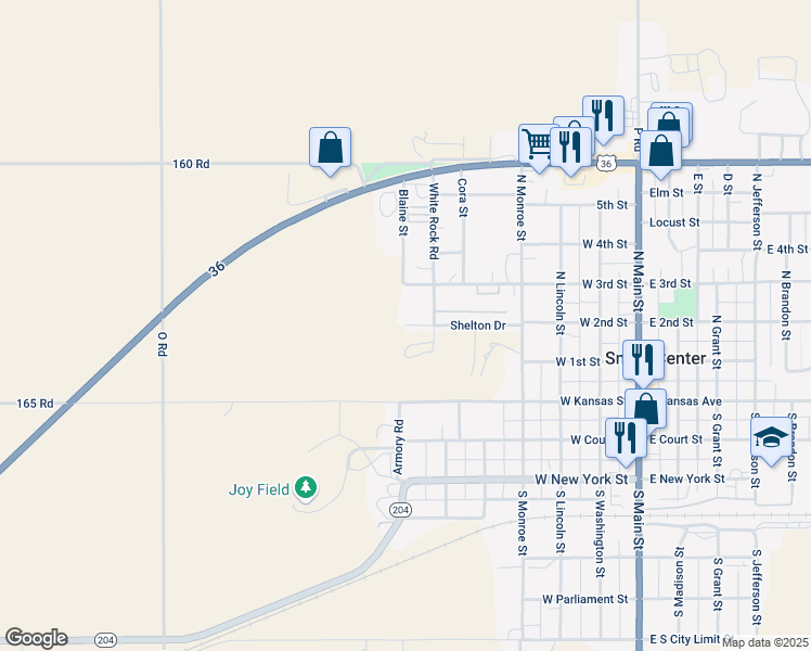 map of restaurants, bars, coffee shops, grocery stores, and more near 523 Shelton Drive in Smith Center