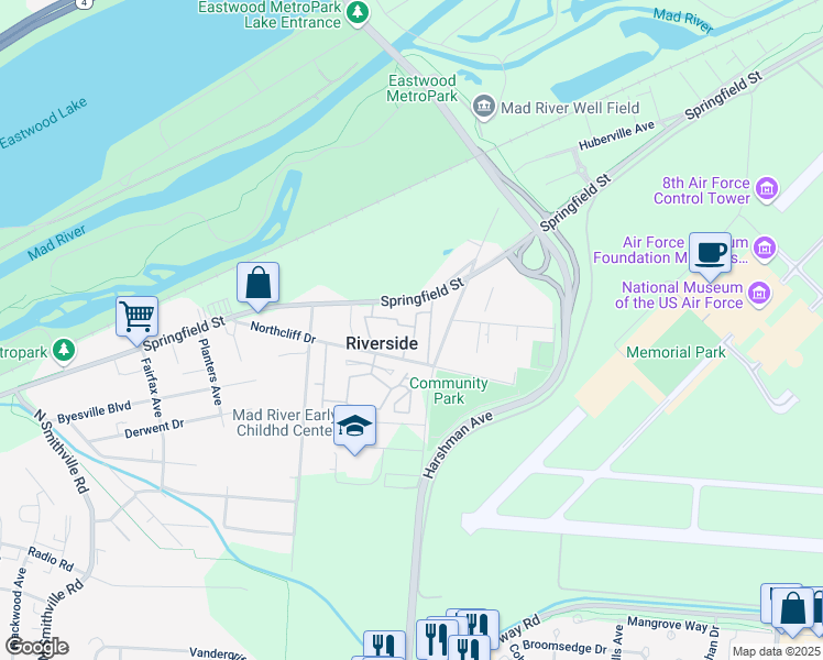 map of restaurants, bars, coffee shops, grocery stores, and more near 5002 Kingsgate Court in Dayton