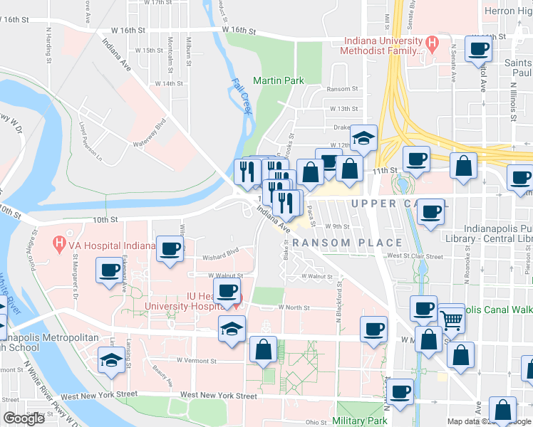 map of restaurants, bars, coffee shops, grocery stores, and more near Indiana Avenue in Indianapolis