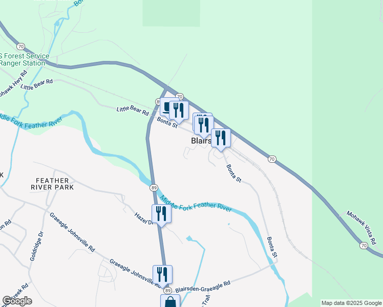 map of restaurants, bars, coffee shops, grocery stores, and more near 6 Second Street in Blairsden