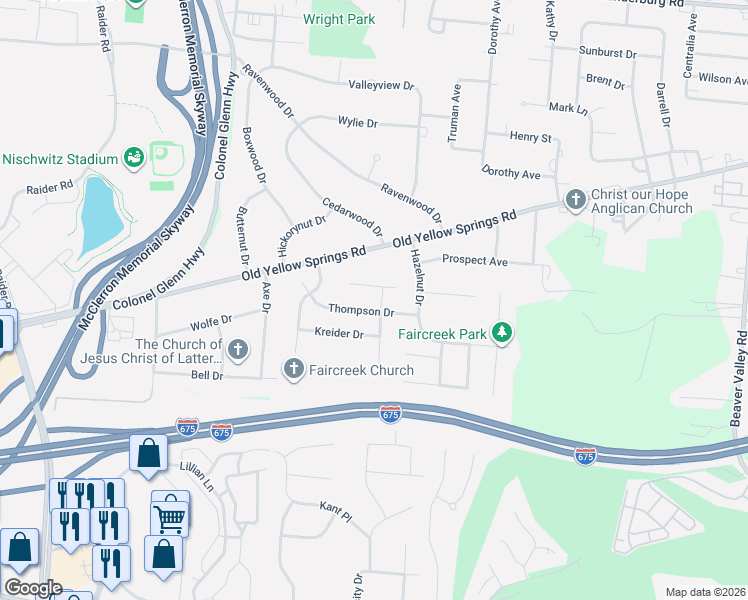 map of restaurants, bars, coffee shops, grocery stores, and more near 395 Thompson Drive in Fairborn