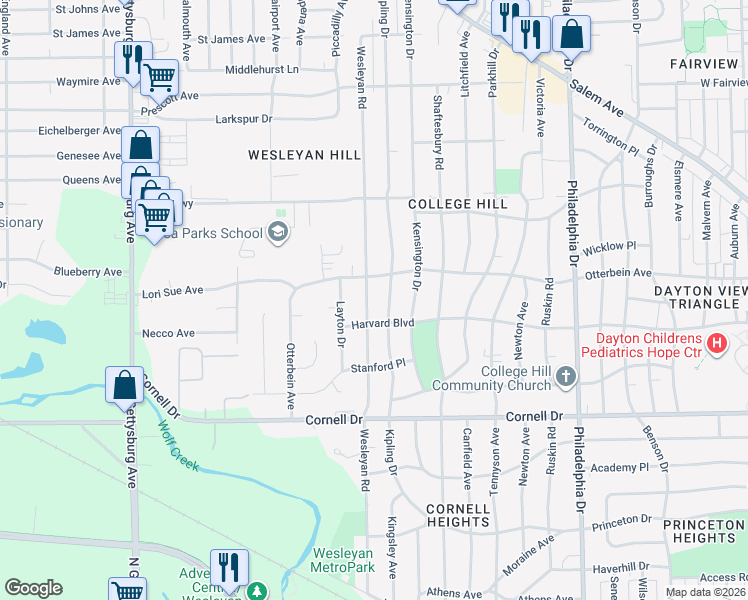 map of restaurants, bars, coffee shops, grocery stores, and more near 1711 Kipling Drive in Dayton