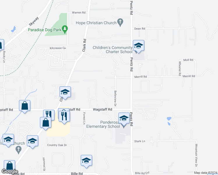 map of restaurants, bars, coffee shops, grocery stores, and more near 1668 Robin Place in Paradise