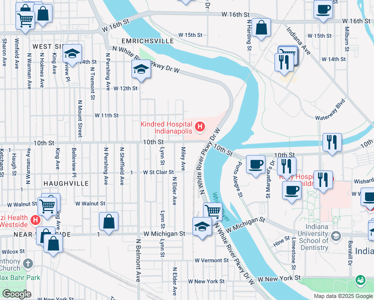 map of restaurants, bars, coffee shops, grocery stores, and more near 1719 West 10th Street in Indianapolis