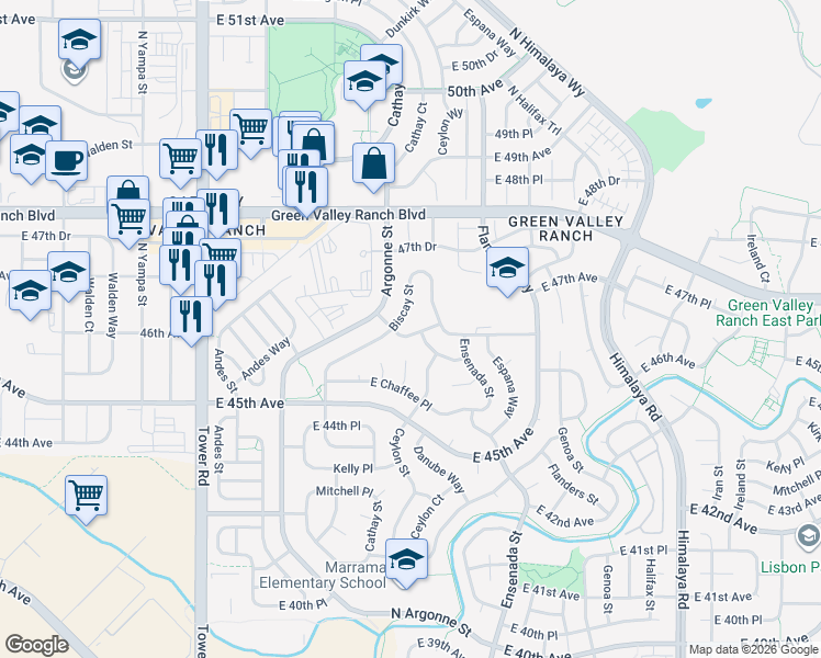 map of restaurants, bars, coffee shops, grocery stores, and more near 4600 Argonne Street in Denver