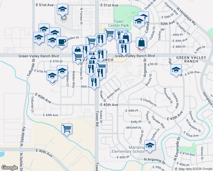 map of restaurants, bars, coffee shops, grocery stores, and more near 18617 East 45th Place in Denver