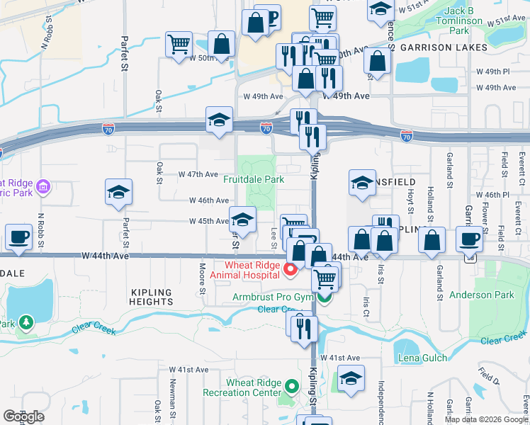 map of restaurants, bars, coffee shops, grocery stores, and more near 5 Lee Street in Wheat Ridge