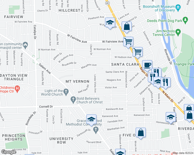 map of restaurants, bars, coffee shops, grocery stores, and more near 1201 Linda Vista Avenue in Dayton