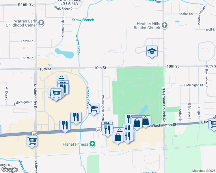 map of restaurants, bars, coffee shops, grocery stores, and more near 625 Belhaven Place in Indianapolis