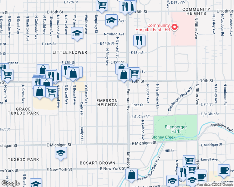 map of restaurants, bars, coffee shops, grocery stores, and more near 832 North Bancroft Street in Indianapolis