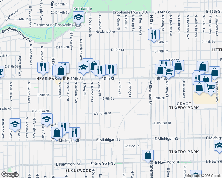 map of restaurants, bars, coffee shops, grocery stores, and more near 932 North Olney Street in Indianapolis