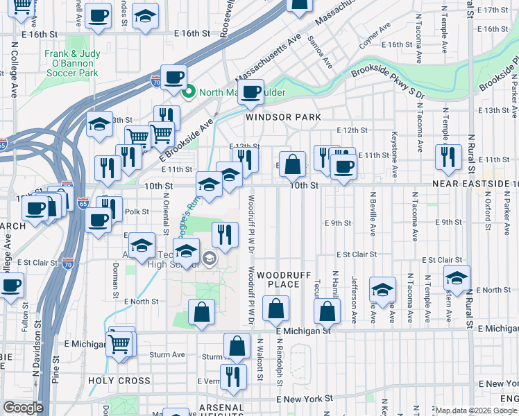 map of restaurants, bars, coffee shops, grocery stores, and more near 911 Woodruff Place West Drive in Indianapolis