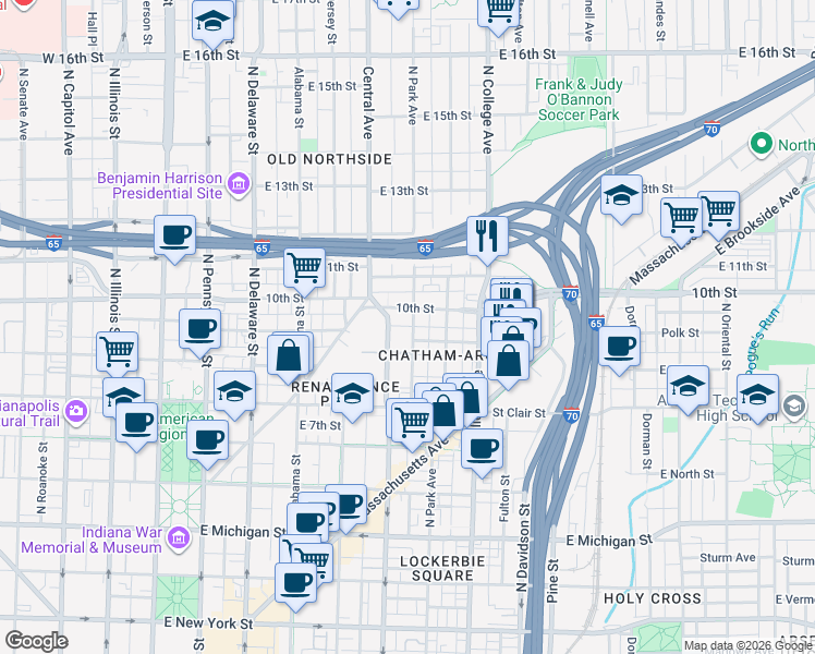 map of restaurants, bars, coffee shops, grocery stores, and more near 922 North Park Avenue in Indianapolis