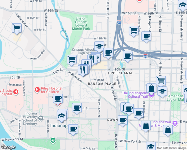 map of restaurants, bars, coffee shops, grocery stores, and more near in Indianapolis