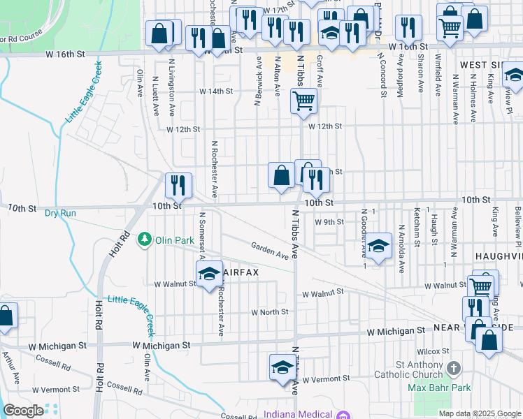 map of restaurants, bars, coffee shops, grocery stores, and more near 3501 West 10th Street in Indianapolis