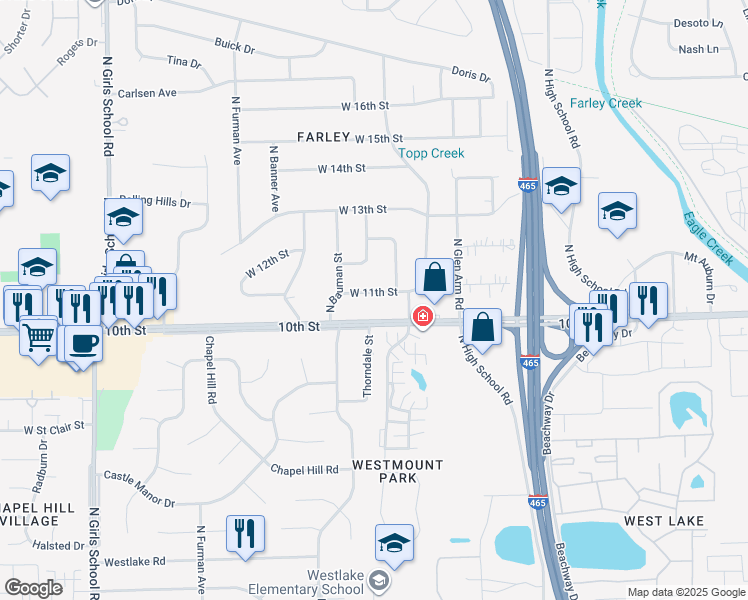 map of restaurants, bars, coffee shops, grocery stores, and more near 6545 West 11th Street in Indianapolis