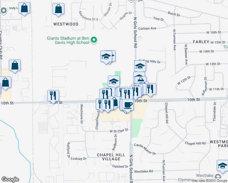 map of restaurants, bars, coffee shops, grocery stores, and more near 7322-7500 West 10th Street in Indianapolis
