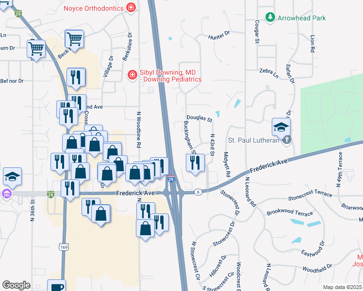 map of restaurants, bars, coffee shops, grocery stores, and more near 1502 Buckingham Street in Saint Joseph