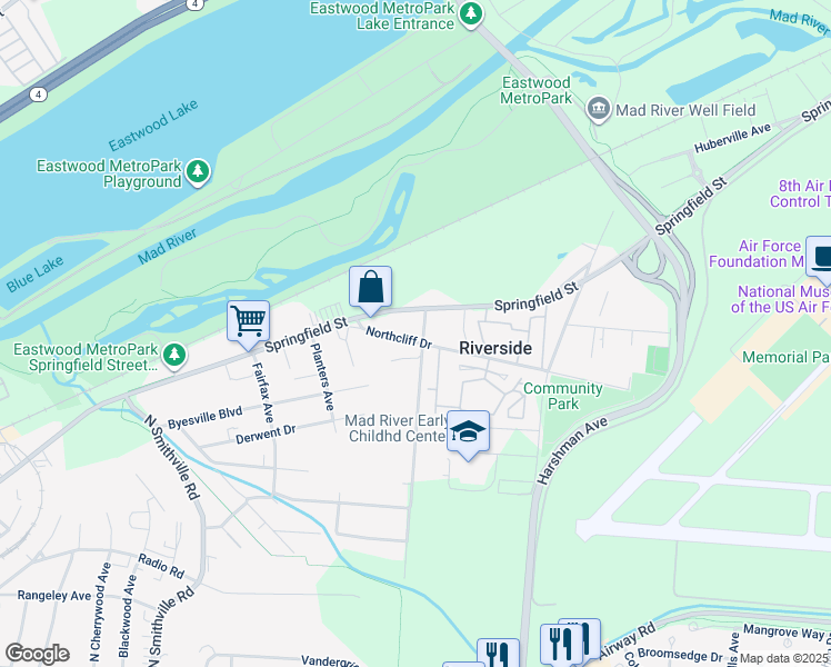 map of restaurants, bars, coffee shops, grocery stores, and more near 4865 Northcliff Drive in Dayton