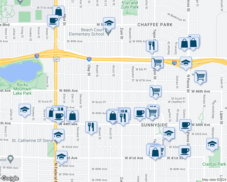 map of restaurants, bars, coffee shops, grocery stores, and more near West 46th Avenue & Alcott Street in Denver