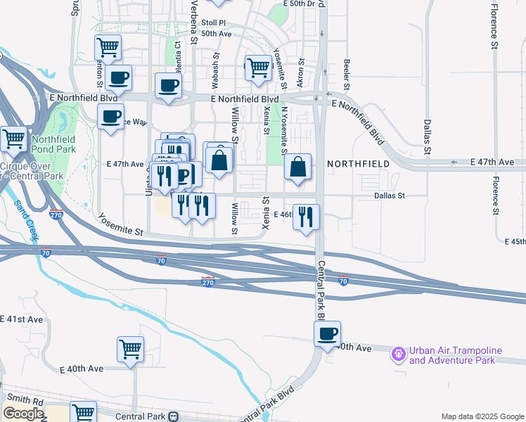 map of restaurants, bars, coffee shops, grocery stores, and more near 4597 Xenia Street in Denver