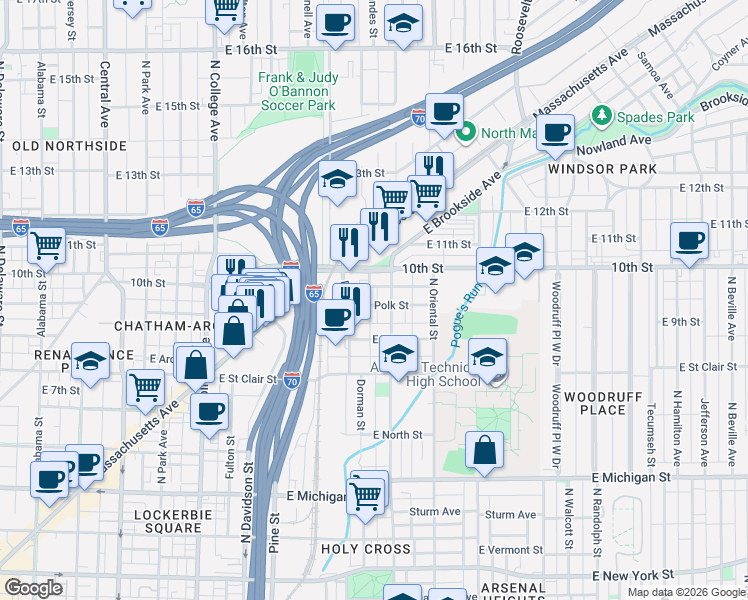 map of restaurants, bars, coffee shops, grocery stores, and more near 934 North Highland Avenue in Indianapolis