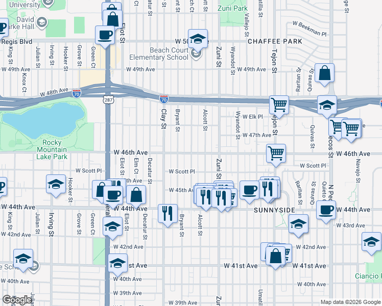 map of restaurants, bars, coffee shops, grocery stores, and more near W 46th Ave & Beach Ct in Denver