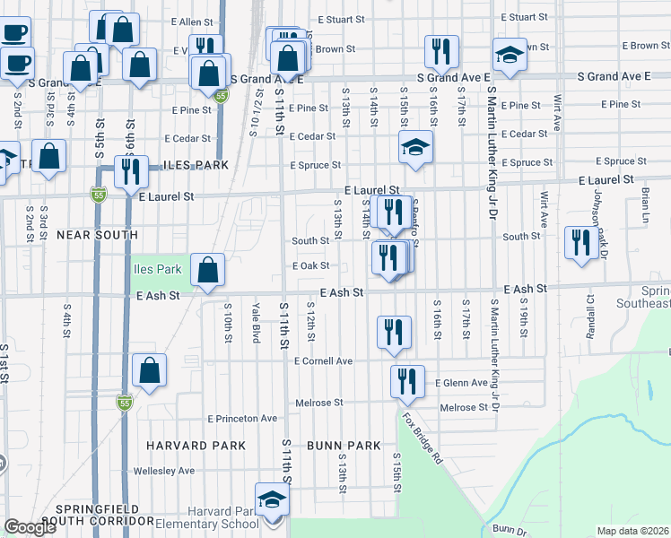 map of restaurants, bars, coffee shops, grocery stores, and more near 1228 East Oak Street in Springfield