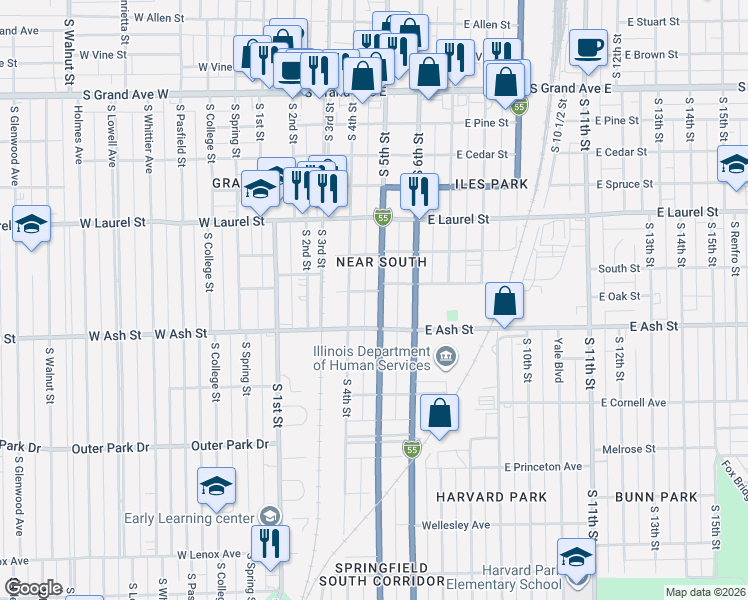 map of restaurants, bars, coffee shops, grocery stores, and more near 414 East Oak Street in Springfield