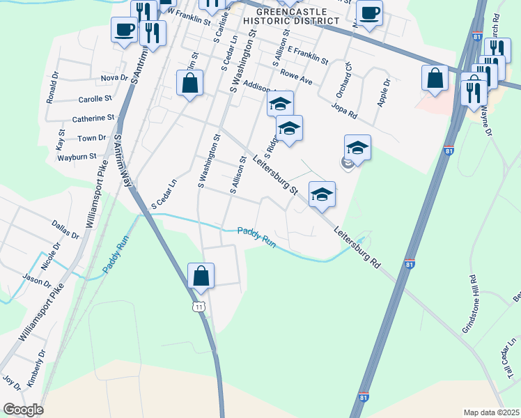 map of restaurants, bars, coffee shops, grocery stores, and more near 704 Lohman Avenue in Greencastle