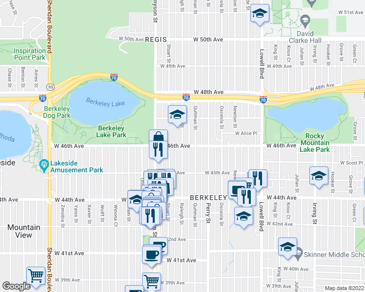 map of restaurants, bars, coffee shops, grocery stores, and more near Raleigh Street & West 46th Avenue in Denver