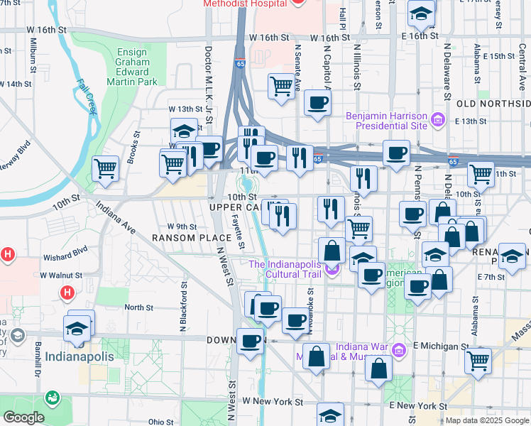 map of restaurants, bars, coffee shops, grocery stores, and more near 351w West 10th Street in Indianapolis