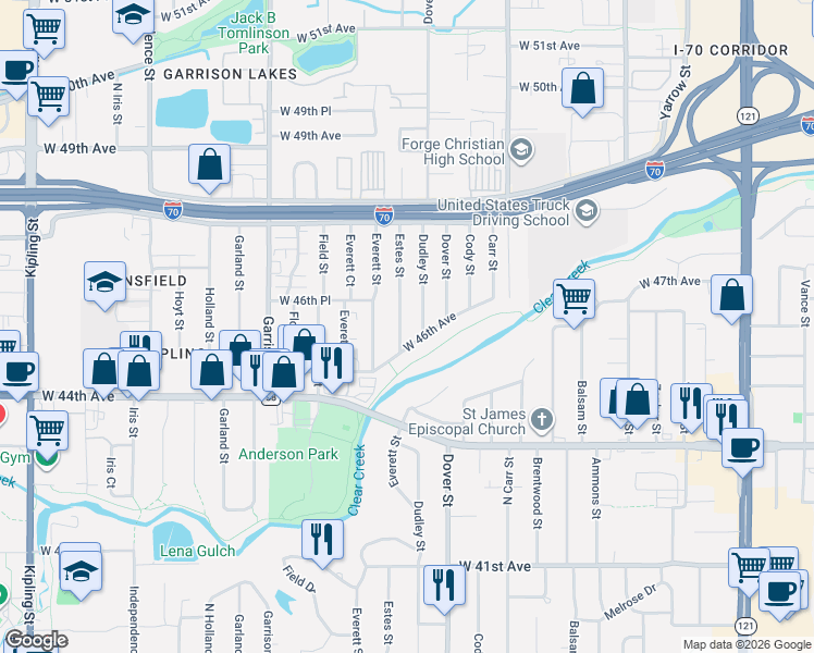 map of restaurants, bars, coffee shops, grocery stores, and more near 8715 West 46th Avenue in Wheat Ridge