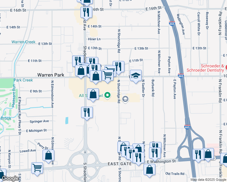 map of restaurants, bars, coffee shops, grocery stores, and more near 740 North Shortridge Road in Indianapolis