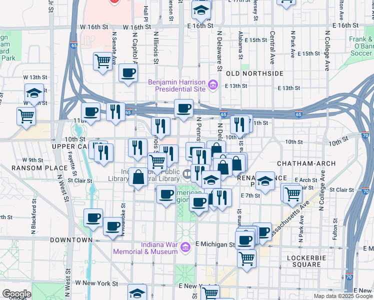 map of restaurants, bars, coffee shops, grocery stores, and more near 21 East Street Joseph Street in Indianapolis