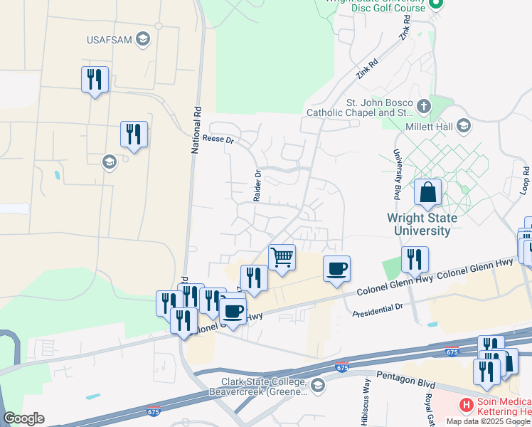 map of restaurants, bars, coffee shops, grocery stores, and more near 1479 Holly Bush Drive in Fairborn