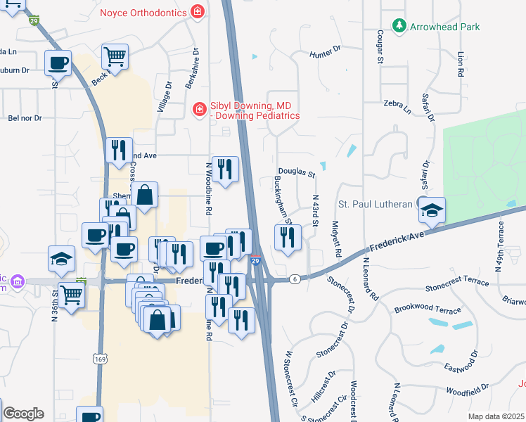 map of restaurants, bars, coffee shops, grocery stores, and more near 1502 Buckingham Street in Saint Joseph