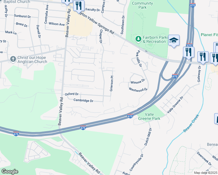 map of restaurants, bars, coffee shops, grocery stores, and more near 2253 Grierson Place in Fairborn
