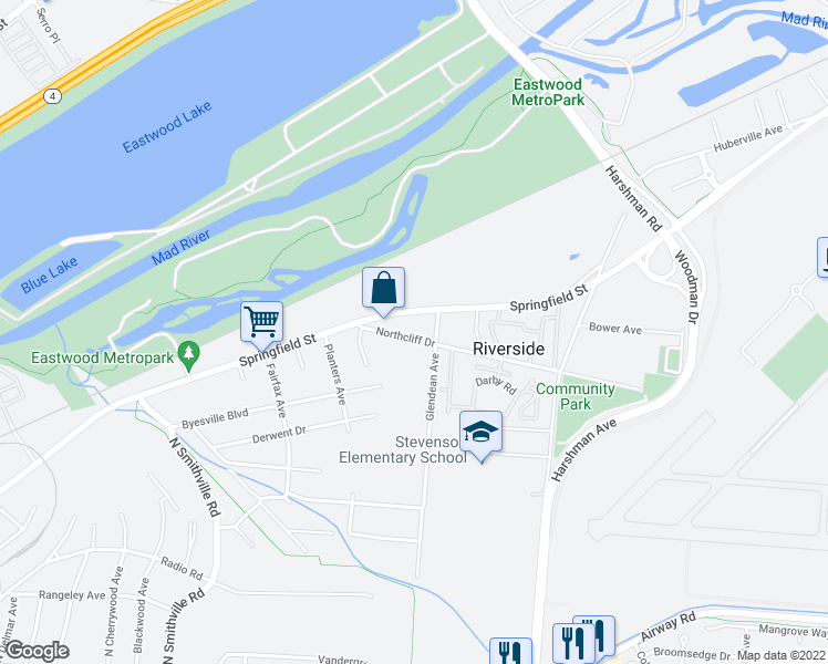 map of restaurants, bars, coffee shops, grocery stores, and more near 4851 Northcliff Drive in Dayton